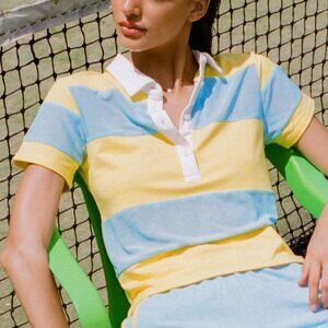 STAUD x New Balance Sunshine Yellow Cotton & Blue Mesh Striped Polo